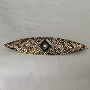Vintage Art Deco Style Gold Tone Filigree Black Enamel Rhinestone Bar Pin Brooch